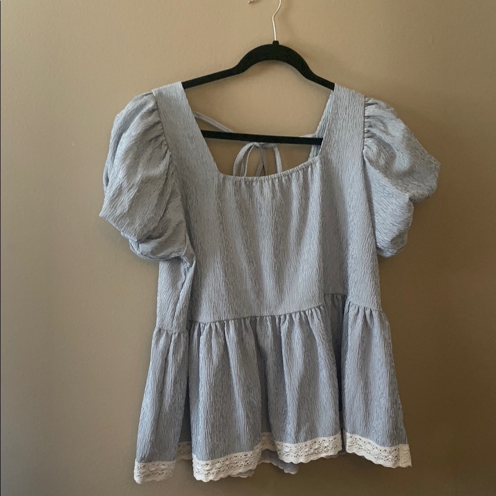 POL Blue Puff Sleeve Blouse with Ruffled Tie Front